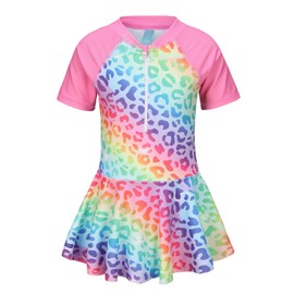 Qterdiz Girls One Piece Swimsuits Short Sleeve Swim Dress for Girls Hawaiian Bathing Suit Skirted Summer Swimwear Rainbow Leopard Size 6/6X