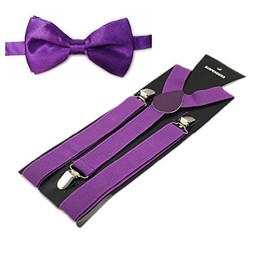 Men's Solid Color Pre-tied Adjustable Bowtie Y-Back Clip Suspenders Set for Wedding Purple