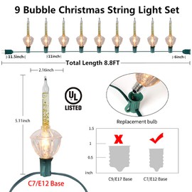 Christmas Bubble Light Set, 8.8Ft Vintage Bubble Light String 10 Clear Bubble Fluids with Gold Glitter Bulbs(1 Spare), C7/E12 Candelabra Base, UL Listed for Holiday Christmas Lighting, Green Wire