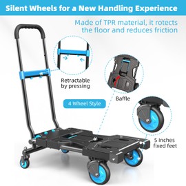 2 in 1 Folding Hand Truck Dolly with Folding Basket, 330LBS Capacity Foldable Dolly with 4 Wheels, with 3-Gear Retractable Handle, Collapsible Rolling Carts for Moving-SAQTDQ2
