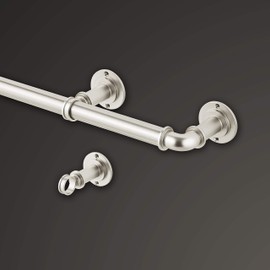 MODE Industrial Room Darkening Collection 1 1/8" Diameter Industrial Curtain Rod Set with Steel Wall Mounted Adjustable Curtain Rod, Blocks Light, Fits 36” to 72” Windows, Brushed Nickel