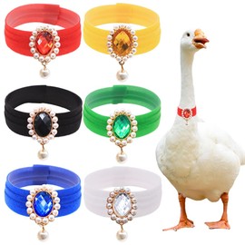 6PCS Colorful No Crow Rooster Collar with Pearl Gem Pendant, Adjustable Velvet Poultry Neckband to Prevent Crowing Noise, Cute Decorative Neck Belt for Chicken Duck Goose