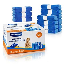 Nappy Bin Refills, 7.5m Extra-Long Diaper Pail Bags Compatible with Tommee Tippee Twist & Click and Sangenic TEC Bins, Multi-Layer Odour-Blocking Refill Liners for Nappy Disposal (12Packs)