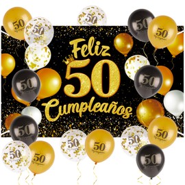 Birthday Party Decoration Black Gold Birthday Banner 180 x 110 cm with 15 Balloons Happy Birthday in Spanish Birthday Decoration (50)