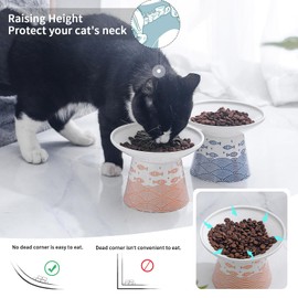 FIVEAGE 6.25 Inch Extra Wide Ceramic Raised Cat Bowl, Elevated Cat Food and Water Bowls, Large Shallow Pet Feeding Dishes for Elder Big Cats, Small Dogs, Whisker Friendly, 2 Pack(Blue&Orange)