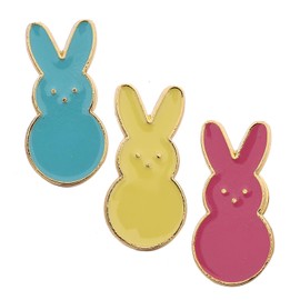 Easter Bunny Enamel Pins, Colorful Peeps Rabbit Brooch Set, Blue Yellow Pink with Gold Trim, 3 Pack Holiday Decoration Gift