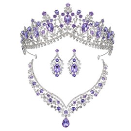 SWEETV Corona de boda para novia, paquete de 3 arete de tiara, conjunto de joyas de novia, disfraz de vidrio, fiesta, cumpleaños, graduación, desfile de joyería para mujeres, onesize, Gema de vidrio