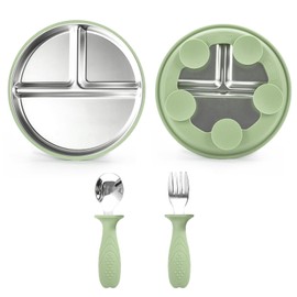 HSMHLYYB Stainless Steel Plate Baby with Fork and Spoon, Baby Plate with Suction Cup, Children's Plate with Suction Cup, Children's Plate with Dividers, Unbreakable, Non-Slip, BPA-Free and Dishwasher