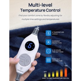 Westinghouse Electric Blanket with Foot Pocket for Adults, Ultra Soft Flannel to Sherpa Heated Throw with 6 Heating Levels & 2-10 Hours Time Settings, Fast Heating & Machine Washable, 50x62, Navy Blue