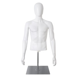 SHAREWIN Male Mannequin with Metal Stand Adjustable Plastic Half Body Display Mannequin Head, for Retail Clothing Shops (White)