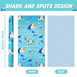 WERNNSAI Shark Wrapping Paper - 1 Roll Shark Wrapping Paper with Metallic Foil for Children's Birthday Paper for Boys Blue Ocean Motif Gift Decoration