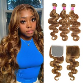 Highlight Brown Body Wave Bundles with 5x5 Closure 100% Unprocessed Unprocessed Brazilian Virgin Honey Blonde Highlight Bundles with Middle Part Closure