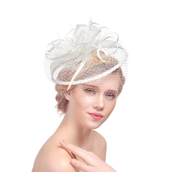 Tulle Fascinator Hats with Feather Flowers Hair Clip Hair Band Hair Accessory Veil Tea Party Wedding Church Hair Accessories Headpiece for Women, White, m