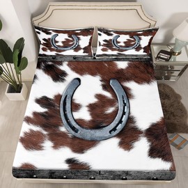 Manfei Horseshoe Fitted Sheet Full Size, Brown White Cow Fur Print Bed Cover with 2 Pillowcases, Vintage Wooden Plank Bedding Set 3pcs for Kids Boy Room Decor, Soft Polyester Bedding