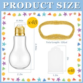 Tessco 48 Pieces 100 ML Plastic Light Bulb Jars with Card and String, Light Bulb Candy Containers Clear Candy Jars Fillable Lightbulb Ornaments for Christmas Crafts Party Favors(Gold)
