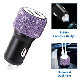 ToBeQueen Purple Bling Car Accessories Set for Women 15pcs,Bling Car Coaster,Bling Purple Car Adapter,Bling Hooks for Hanging,Bling Tire Caps,Bling Head Rest Rings,Push to Start Bling Ring(Purple)