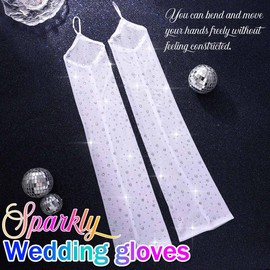 CASDRE Sparkly Rhinestone Long Mesh Gloves Fingerless Elbow Length Arm Sleeves Prom Costume Glove for Women (White, One Size)