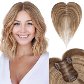 SEGOHAIR Real Hair Topper for Women with Side Bangs - 21 g Hand Tied Base Hair Topper Breathable Tulle Net Lace Base 100% Real Hair Clip in Topper Medium Brown/Dark Blonde