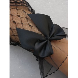 OYOANGLE Women's Floral Lace Bow Front Short Wrist Cuff Wedding Wrist Length Bridal Prom Gloves Black Mesh One Size