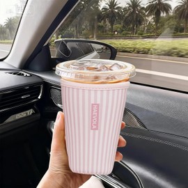 Reusable Insulated Neoprene Iced Coffee Cup Sleeve, Durable Drink Sleeve for Cold Beverages, Beverage Holder for Iced Coffee, Pink Stripes
