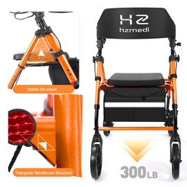 Walkers for Seniors with Seat, 8" Big Wheels Adult Lightweight Rollator with Backrest, Dual Adjustable Height Foldable Aluminium Medical Rolling Walker with Brakes| Deep Orange