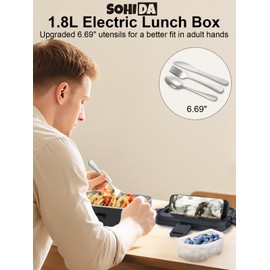 SOHIDA 1.8L+0.5L Heated Lunch Box for Men, 80W Electric Lunch Box with Long-handled Utensils for Adults, 12V/24V/110V Lonchera Eléctrica Portátil, Portable Food Warmer for Car/Truck/Office (Black)