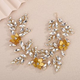 Teyglen Flower Crystal Wedding Headband Golden Rhinestone Hair Vine for Bride Wedding Hair Accessories Bridal Headpiece for Women Hair Piece (Gold, Free size)