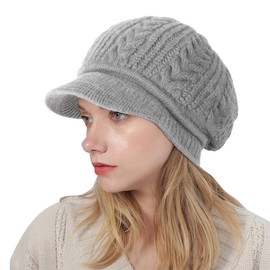 Hebenie Beanie Hats for Women - Winter Warm Knitted Beanie Cap 2023 Ladies Fleece Lined Beret Hat Thermal Wooly Hats Crochet Peaked Baker Boy Hat for Women Girls UK Grey