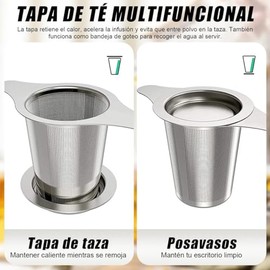 Infusor de Té de Acero Inoxidable con Malla Extra Fina - Filtro para Taza y Tetera con Tapa Posavasos, Doble Mango para Seguridad, Colador de Té Reuti