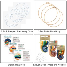 Louise Maelys 3 Set Landscape Embroidery Kits for Beginners,Cross Stitch Kit for Adults,DIY Needlepoint Kits with Mountain Sun Moon Pattern