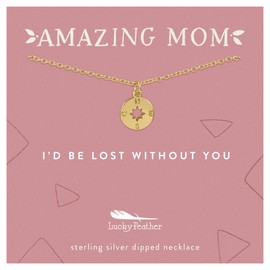Lucky Feather Amazing Mom Necklace – 14K Gold Dipped with 16” – 18” Adjustable Cable Chain - Top Birthday and Mothers Day Gifts from Daughter or Son - Compass