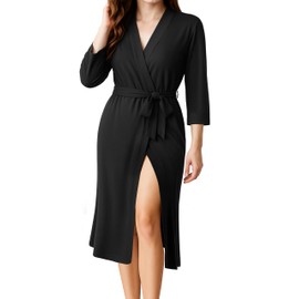 NY Threads Women's Robe Long Knit Bathrobe 3/4 Sleeves Soft Kimono Lightweight Loungewear, Medium, Black
