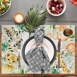 Animals Elephant Giraffe Placemats Set of 4 Cartoon Safari Spring Summer Table Mats 12x18 Inch Baby Shower Washable Table Mats for Party Kitchen Dining Decoration