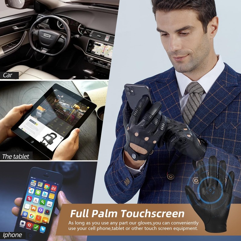 GSG Men Leather Gloves Black Driving Cycling Touchscreen Motorcycle Unlined