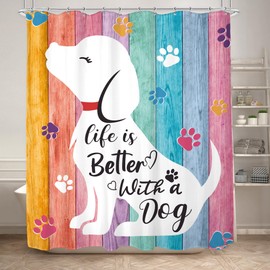 KOMLLEX Cute Dog Shower Curtain for Bathroom Decor Kids Funny Animal Colorful Wood Plank Child Country Lovely Farmhouse Pet Footprint Fabric Waterproof Polyester 12 Pack Hooks Pink 60Wx72H Inches