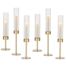 Hewory Gold Hurricane Candelabros - Juego de 6 portavelas de latón para candelabros, candelabros, decoración para mesa de centro de mesa, bodas, fiestas, decoraciones de Navidad