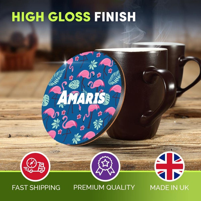 4 x Boxed Round Coasters - Name Amaris Tropic Flamingo