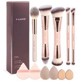MAANGE 12Pcs Brochas Maquillaje, 5 Brochas de Maquillaje Premium de Doble Punta y 6 Esponjas para Pulir Líquidos, Cremas, Polvos, Difuminar y Contornear el Rostro(Almendra)