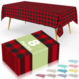Smiry 8 Packs Gingham Disposable Table Cloth, 54 x 108 Inch Waterproof Plastic Tablecloth, Rectangle Black and Red Checkered Table Covers for Picnic, Birthday, Party
