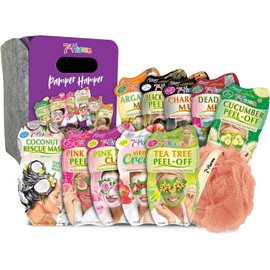 7th Heaven Pamper Hamper Skincare Set - 9 x Face Masks Skincare, 1 x Hair Masks for Dry Damaged Hair and 1 x Body Puff - Gift Set of Peel Off Face Masks & Clay Face Mask Sachets
