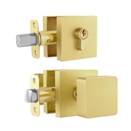 naubea Gold Door Knob with Deadbolt Lock Set, Satin Brass Exterior Deadbolt and Door Knob with Key