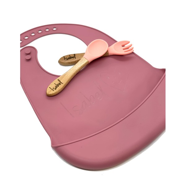 Personalized Bib, Silicone with Spoon and Fork wood and silicone,