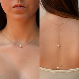 TseenYi Pearl Back Necklace, Vintage Pearl Background Necklace, Gold Back Body Chain, Boho Pearl Y Back Drop Necklace, Chain, Summer Wedding, Backless Chain, Jewellery for Women, Pearl, Pearl