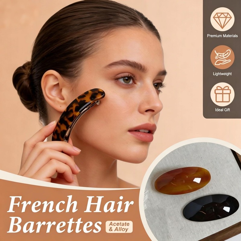 3Pcs French Hair Barrettes, Tortoise & Leopard Acetate Clips