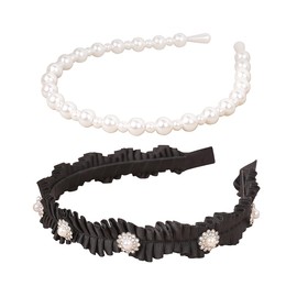 YARN & INK Women's 2 Pcs Black Fabric Pearls Headbands for Women Girls Vintage Hair Accessories Non Slip Jeweled Light Weight Comfortable Headband (Pleats+Pearls)