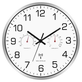 Couperos Wireless Wall Clock Silent with Thermometer and Hygrometer Wireless Wall Clock Silent 30 cm Wall Clock Without Ticking Noises Radio for Living Room, Kitchen, Office (Metal)