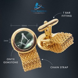 The Masonic Collection - Onyx Cufflinks for Men - Gold Plated With a Chain Fitting Style - Comes in Velvet Pouch - Quality Freemason Gifts for Men