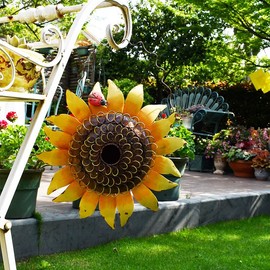 Metal Sunflower Hanging Bird House for Outside, Decorative Bird House with Ladybug Decor Autumn Fall Outdoor Garden Yard Bluebird House Wall Decor