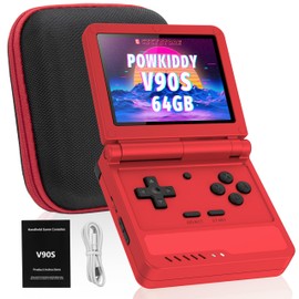 Powkiddy V90S Retro Handheld Console - 10,000+ Preloaded Games, Foldable Clamshell Design, 3.5" IPS Screen, 4-6 Hour Battery, Dual TF Slots (Red)