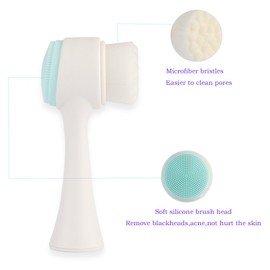 2 in 1 Face Brush - Double Sided Facial Cleansing Brush with Silicone Cleansing Side and Soft Bristles for Washing, Exfoliating and Massaging Your Skin (White and Blue)